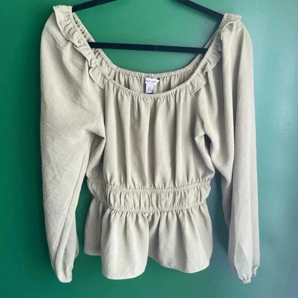 Nine West Peplum Peasant Top Blouse Size PS Petite Small EUC‎ Olive Green